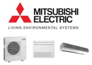 Mitsubishi Electric logo above three HVAC units: an outdoor unit, a wall-mounted indoor unit, and a ceiling cassette unit, with the text "Living Environmental Systems.