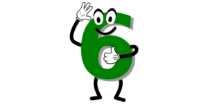 A green cartoon number six with arms, legs, eyes, and a mouth. One hand is raised in a waving gesture, and the other gives a thumbs up.