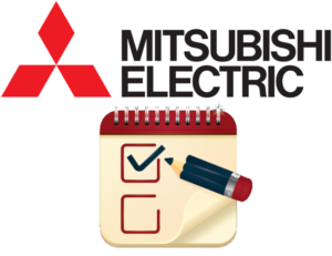 Mitsubishi Electric logo above an illustrated notepad with checkboxes. A blue pencil checks one of the boxes on the notepad.