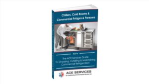 A book titled "Chillers, Cold Rooms & Commercial Fridges & Freezers" featuring a chef placing food in a commercial fridge, with the ACE Services logo at the bottom.