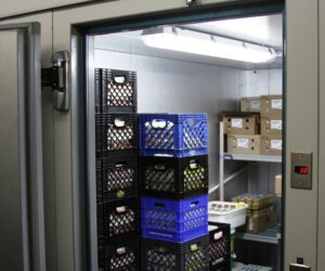 Stacks of plastic crates and boxes are stored on shelves and the floor inside a walk-in refrigerator, with a digital temperature display showing 38 degrees Fahrenheit. Fluorescent light illuminates the organized space.