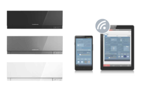 Three wall-mounted air conditioning units in black, silver, and white are shown on the left. On the right, a smartphone and tablet display a smart control app interface. A wireless connectivity icon is above them.