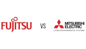 Logos of Fujitsu (left, in red text) and Mitsubishi Electric Living Environmental Systems (right, with red triangles and black text) separated by "vs" in the center on a white background.