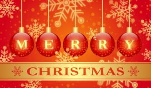 Red Christmas baubles spelling “MERRY” hang above a gold banner with “CHRISTMAS” written in red letters. The background features gold snowflakes and festive patterns on a red gradient.