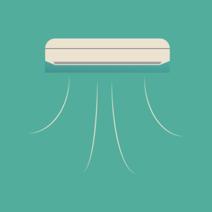 Illustration of a wall-mounted air conditioner blowing cool air, depicted by curved lines extending downward, on a teal background.